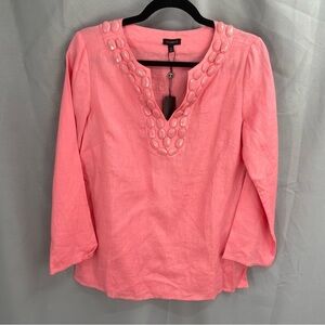 TALBOTS 100% Linen Beaded Split Neckline Long Sleeve Tunic Top Pink Size XS New